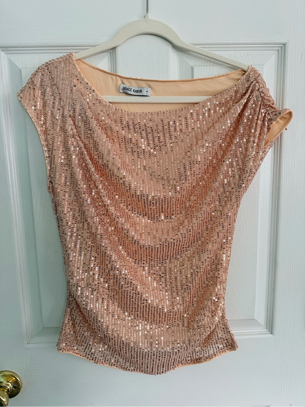 Grace Karin Rose Gold Sequin Drape Neck Women's Top